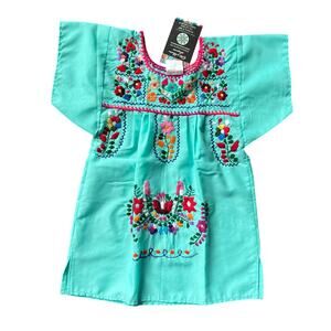 NWT Girls 1y‎ Teal Floral Embroidered Mexican Peasant Dress Short Sleeve 12m